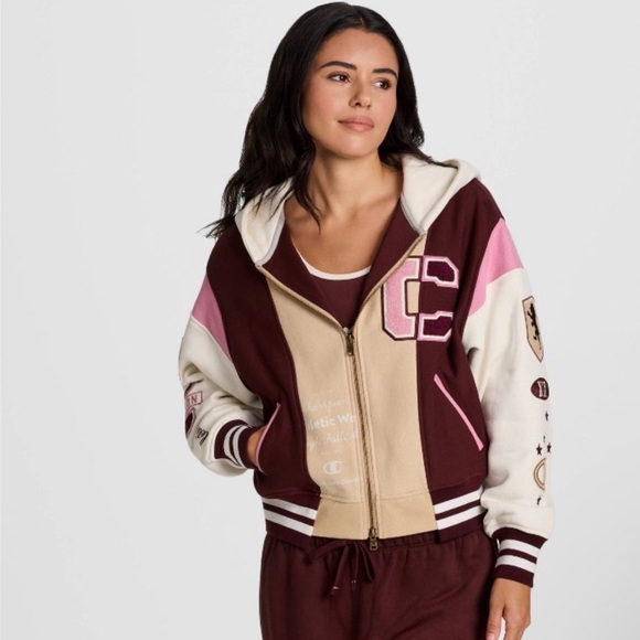 Champion Women's Cream, Pink, and Brown Varsity Jacket - Picture 1 of 2